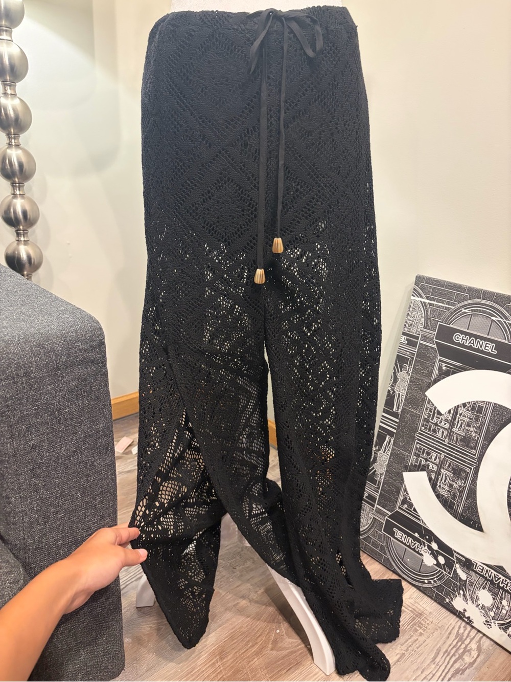 Heartloom Black Crochet Wide-Leg Drawstring Pants